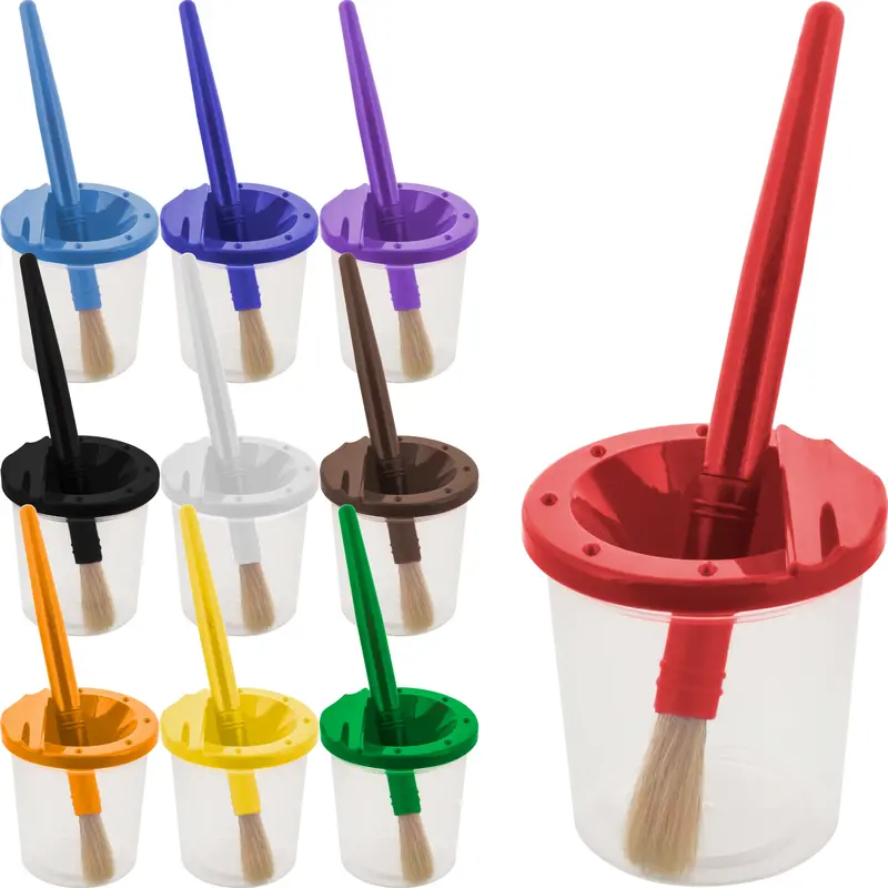 10 Piece Children's No Spill Paint Cups With Colored Lids And 10 Piece Large Round Brush Set With Plastic Handles 1