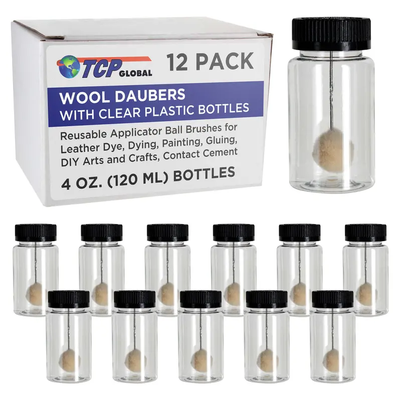 12-Pack Wool Daubers With Clear Plastic Bottles, 4 Oz. (120 Ml) - Safety Lids, Applicator Ball Brushes For Leather Dye, Dyeing, Painting, Gluing, Diy Arts And Crafts, Contact Cement 1