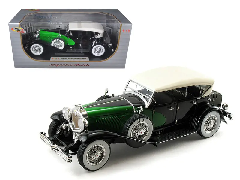 1934 Duesenberg Model J Black And Green With Cream Top 1/18 Diecast Model Car By Signature Models 1