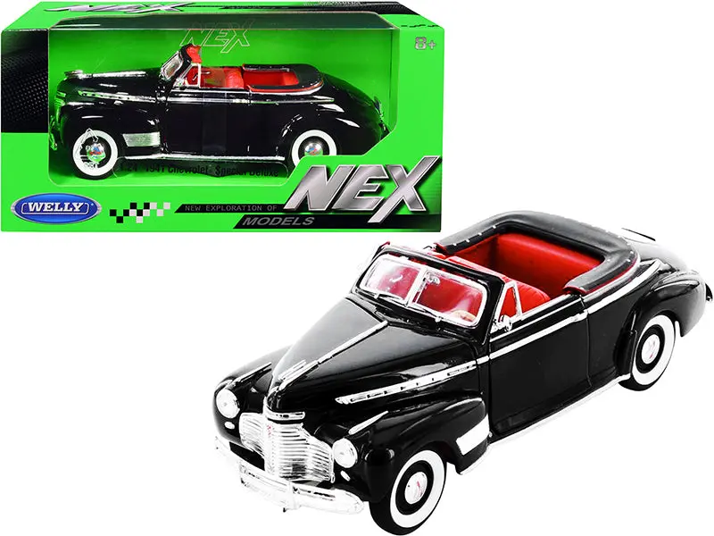 1941 Chevrolet Special Deluxe Convertible Black With Red Interior "Nex Models" 1/24 Diecast Model Car By Welly 1