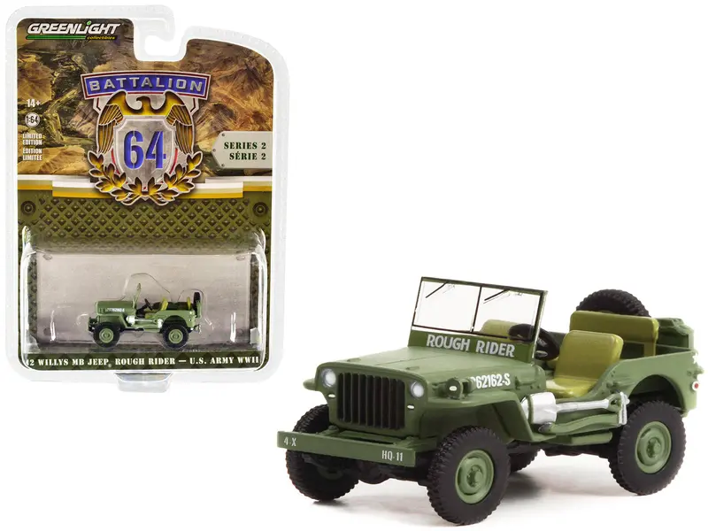 1942 Willys Mb Jeep #20362162-S Green "U.S. Army World War Ii - Rough Rider" "Battalion 64" Release 2 1/64 Diecast Model Car By Greenlight 1