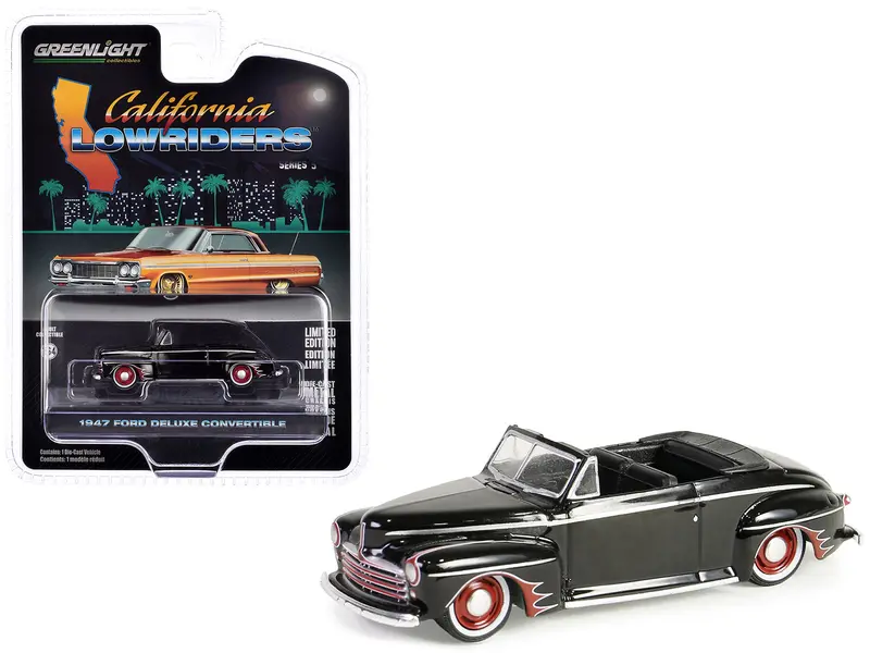 1947 Ford Deluxe Convertible Lowrider Black Wit H Red Graphics "California Lowriders" Series 5 1/64 Diecast Model Car By Greenlight 1