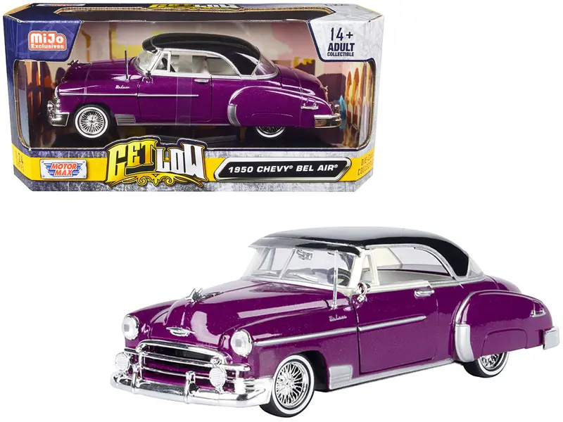 1950 Chevrolet Bel Air Lowrider Purple Metallic With Black Top And White Interior "Get Low" Series 1/24 Diecast Model Car By Motormax 1