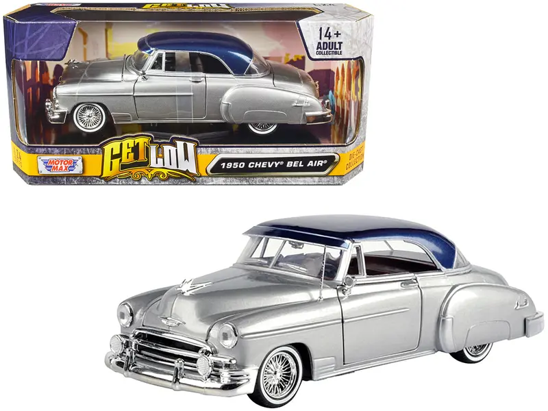1950 Chevrolet Bel Air Lowrider Silver Metallic With Blue Metallic Top "Get Low" Series 1/24 Diecast Model Car By Motormax 1