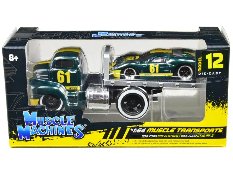 1950 Ford Coe Flatbed Truck #61 And 1966 Ford Gt40 Mk Ii #61 Green Metallic With Yellow Stripes "Muscle Transports" Series 1/64 Diecast Model Cars By Muscle Machines 1