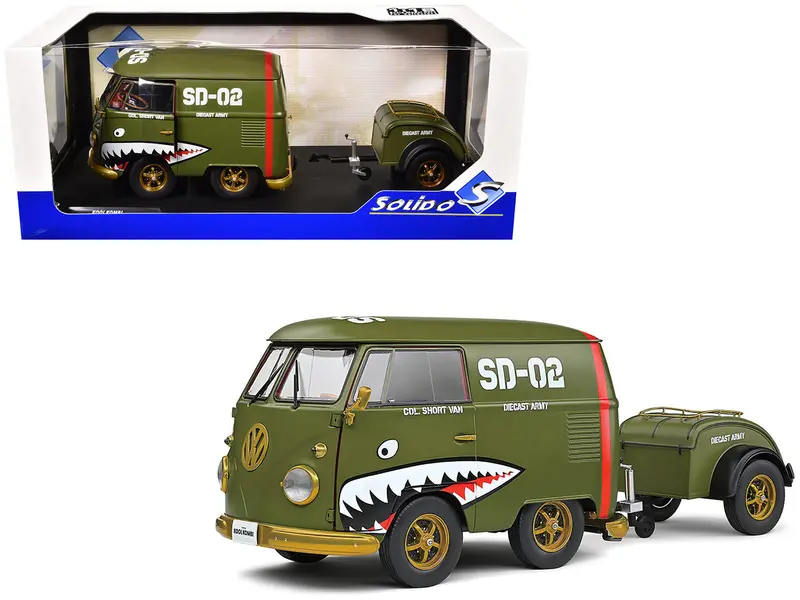 1950 Volkswagen Kool Kombi Van With Trailer "Army Fighter" Green With Graphics 1/18 Diecast Model Car By Solido 1