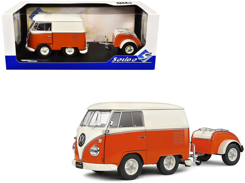 1950 Volkswagen Kool Kombi Van With Trailer Orange And White 1/18 Diecast Model Car By Solido 1