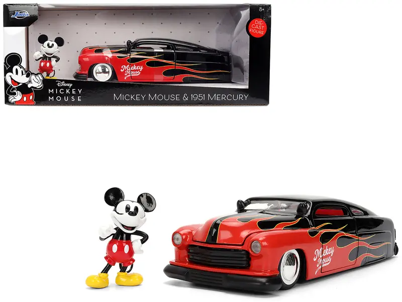 1951 Mercury Coupe Black With Flame Graphics And Red Interior And Mickey Mouse Diecast Figure "Disney's Mickey Mouse" "Hollywood Rides" Series 1/24 Diecast Model Car By Jada 1