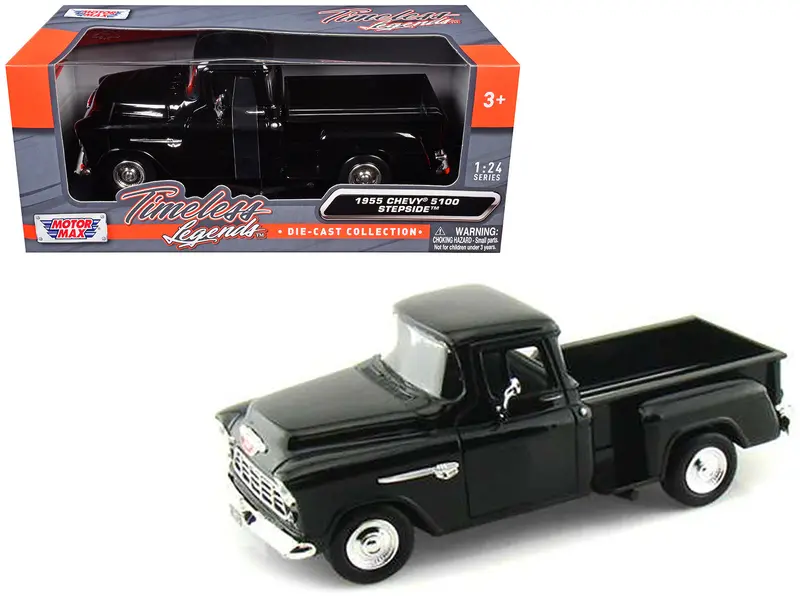 1955 Chevrolet 5100 Stepside Pickup Truck Black 1/24 Diecast Car Model By Motormax 1