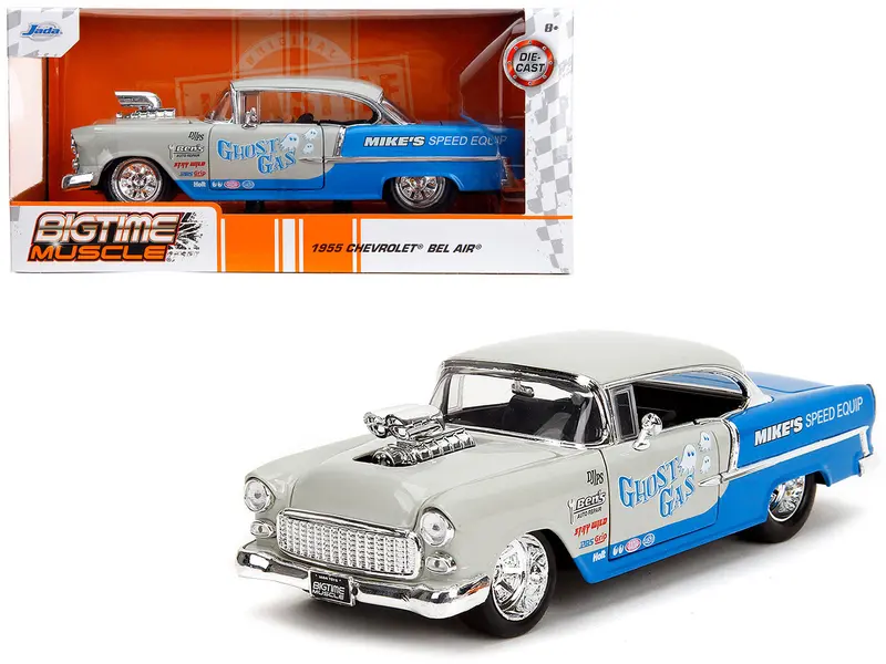 1955 Chevrolet Bel Air "Ghost Gas - Mike's Speed Equip" Light Gray And Blue "Bigtime Muscle" Series 1/24 Diecast Model Car By Jada 1