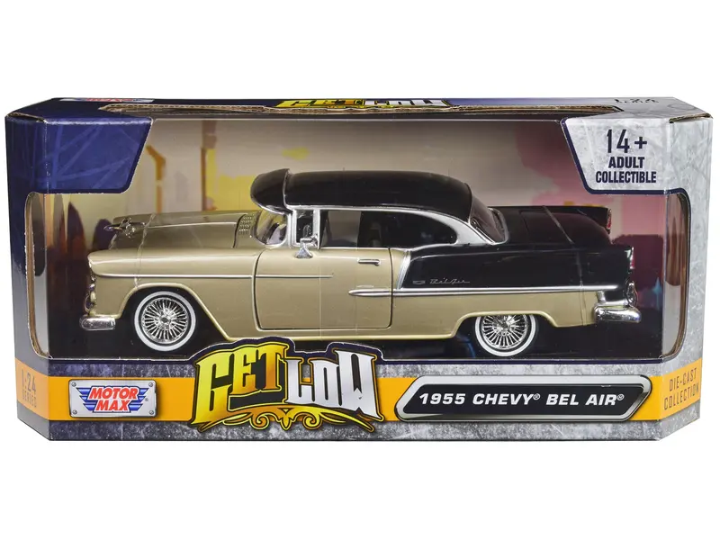 1955 Chevrolet Bel Air Lowrider Hard Top Beige Metallic And Black "Get Low" Series 1/24 Diecast Car Model By Motormax 1