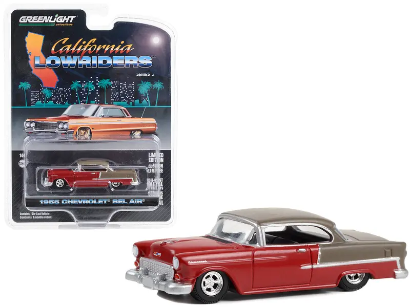 1955 Chevrolet Bel Air Lowrider Ruby Red And Matt Bronze "California Lowriders" Series 3 1/64 Diecast Model Car By Greenlight 1