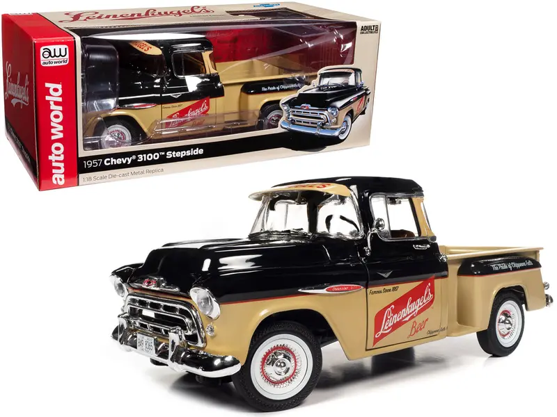 1957 Chevrolet 3100 Stepside Pickup Truck Black And Tan With Graphics "Leinenkugle's Beer The Pride Of Chippewa Falls" 1/18 Diecast Model By Auto World 1