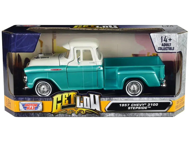 1957 Chevrolet 3100 Stepside Pickup Truck Lowrider Turquoise Metallic And White With White Interior "Get Low" Series 1/24 Diecast Model Car By Motormax 1
