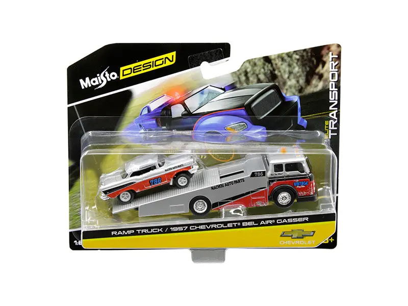 1957 Chevrolet Bel Air Gasser #786 Silver And Red With Ramp Tow Truck "Elite Transport" 1/64 Diecast Models By Maisto 1
