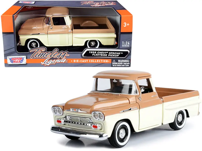 1958 Chevrolet Apache Fleetside Pickup Truck Brown And Beige 1/24 Diecast Model Car By Motormax 1