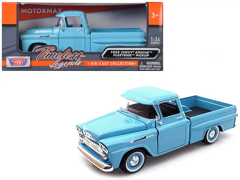 1958 Chevrolet Apache Fleetside Pickup Truck Light Blue 1/24 Diecast Model Car By Motormax 1