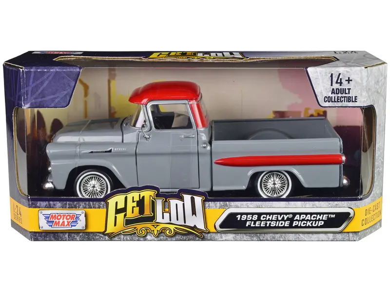 1958 Chevrolet Apache Fleetside Pickup Truck Lowrider Gray With Red Top "Get Low" Series 1/24 Diecast Model Car By Motormax 1