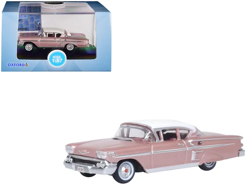 1958 Chevrolet Impala Sport Cay Coral Pink Metallic With White Top 1/87 (Ho) Scale Diecast Model Car By Oxford Diecast 1