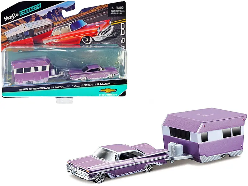 1959 Chevrolet Impala Purple Metallic With White Graphics And Alameda Trailer Purple Metallic And White "Tow & Go" Series 1/64 Diecast Model Car By Maisto 1