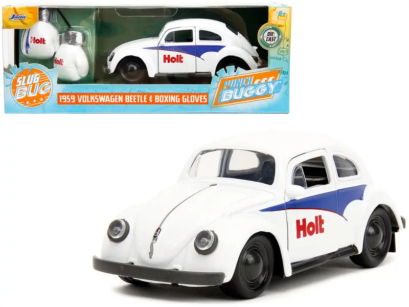 1959 Volkswagen Beetle "Holt" White With Blue Graphics And Boxing Gloves Accessory "Punch Buggy" Series 1/32 Diecast Model Car By Jada 1