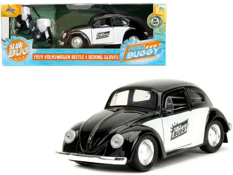 1959 Volkswagen Beetle "Punch Buggy" Black And White And Boxing Gloves Accessory "Punch Buggy" Series 1/32 Diecast Model Car By Jada 1