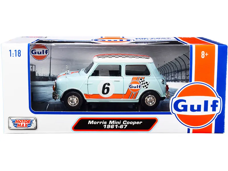 1961-1967 Morris Mini Cooper Rhd (Right Hand Drive) #6 "Gulf Oil" Light Blue With Orange Stripes And Checkered Top "City Classics" Series 1/18 Diecast Model Car By Motormax 1