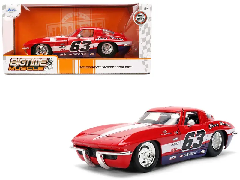 1963 Chevrolet Corvette Stingray #63 "Chevy Racing" Red With White And Blue Stripes "Bigtime Muscle" Series 1/24 Diecast Model Car By Jada 1