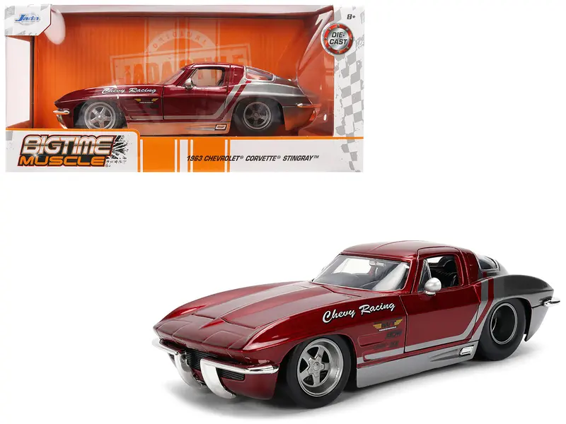 1963 Chevrolet Corvette Stingray "Chevy Racing" Red Metallic And Gray "Bigtime Muscle" Series 1/24 Diecast Model Car By Jada 1