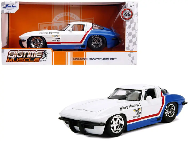 1963 Chevrolet Corvette Stingray White And Blue With Red Stripe "Chevy Racing" "Bigtime Muscle" 1/24 Diecast Model Car By Jada 1