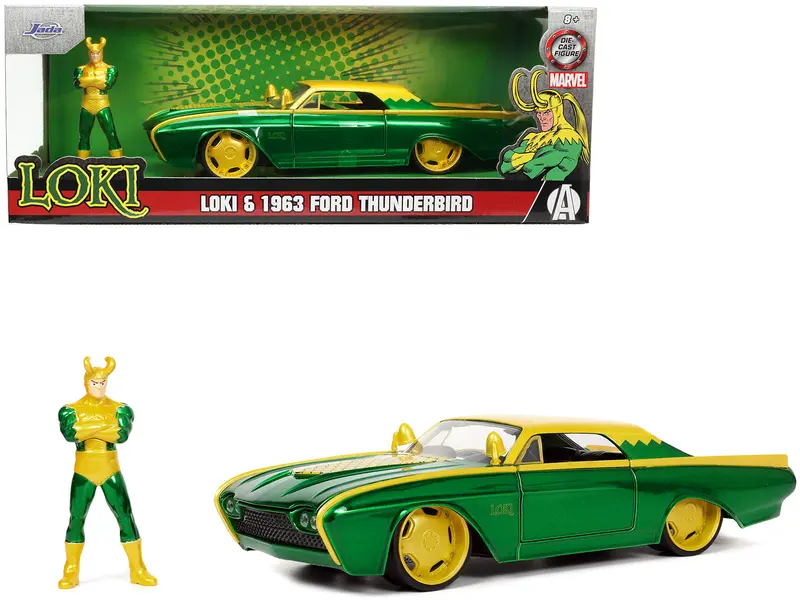 1963 Ford Thunderbird Green And Yellow Metallic With Hood Graphics And Loki Diecast Figure "Loki" "Marvel" Series 1/24 Diecast Model Car By Jada 1