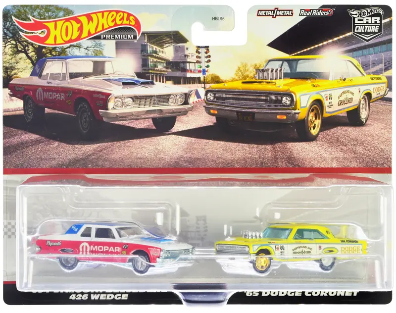 1963 Plymouth Belvedere 426 Wedge "Mopar" White And Red With Blue Top And 1965 Dodge Coronet "Eastbound And Crowned" Yellow And White "Car Culture" Set Of 2 Cars Diecast Model Cars By Hot Wheels 1