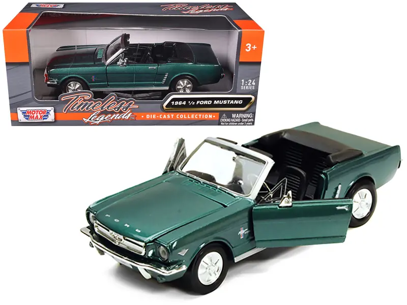 1964 1/2 Ford Mustang Convertible Green Metallic 1/24 Diecast Model Car By Motormax 1