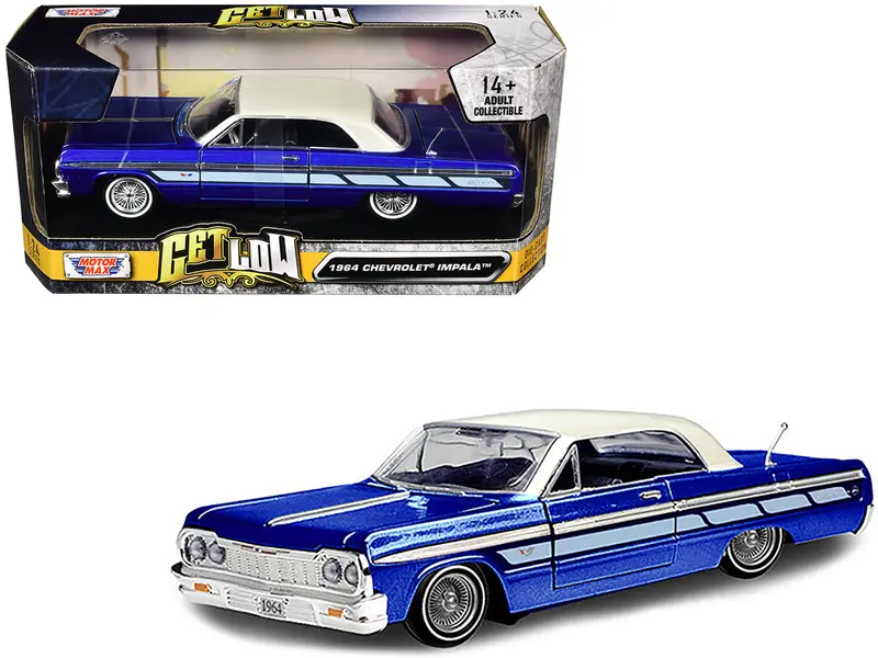 1964 Chevrolet Impala Lowrider Hard Top Candy Blue Metallic With Cream Top "Get Low" Series 1/24 Diecast Model Car By Motormax 1