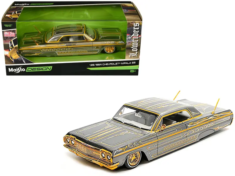 1964 Chevrolet Impala Ss Lowrider Gray Metallic With Gold Graphics "Lowriders" "Maisto Design" Series 1/26 Diecast Model Car By Maisto 1