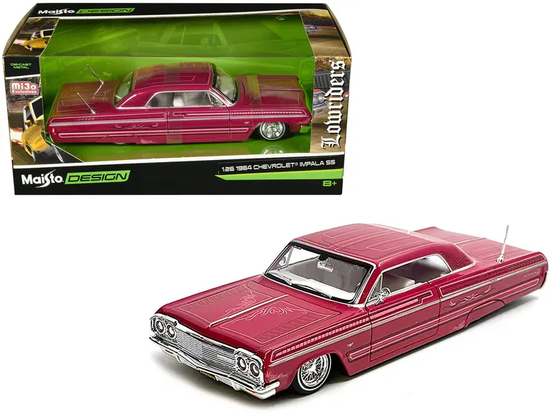 1964 Chevrolet Impala Ss Lowrider Pink With Graphics And White Interior "Lowriders" "Maisto Design" Series 1/26 Diecast Model Car By Maisto 1