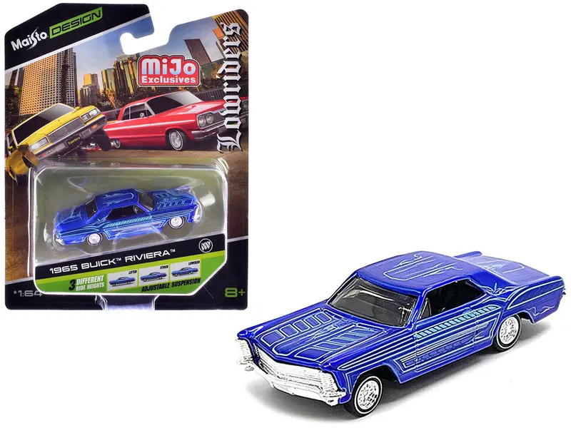 1965 Buick Riviera Candy Blue With Graphics "Lowriders" "Maisto Design" Series 1/64 Diecast Model Car By Maisto 1