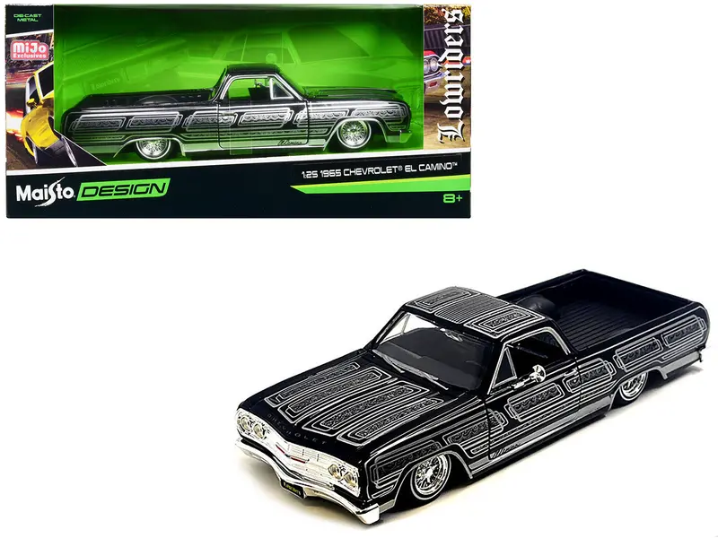 1965 Chevrolet El Camino Lowrider Black Metallic With Silver Graphics "Lowriders" Series 1/25 Diecast Model Car By Maisto 1