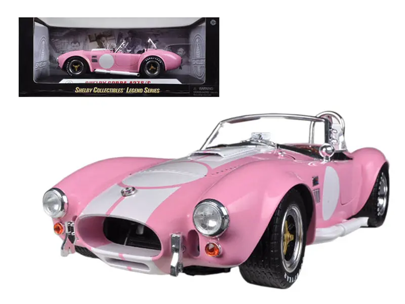 1965 Shelby Cobra 427 S/C Pink With White Stripes With Printed Carroll Shelby Signature's On The Trunk 1/18 Diecast Model Car By Shelby Collectibles 1
