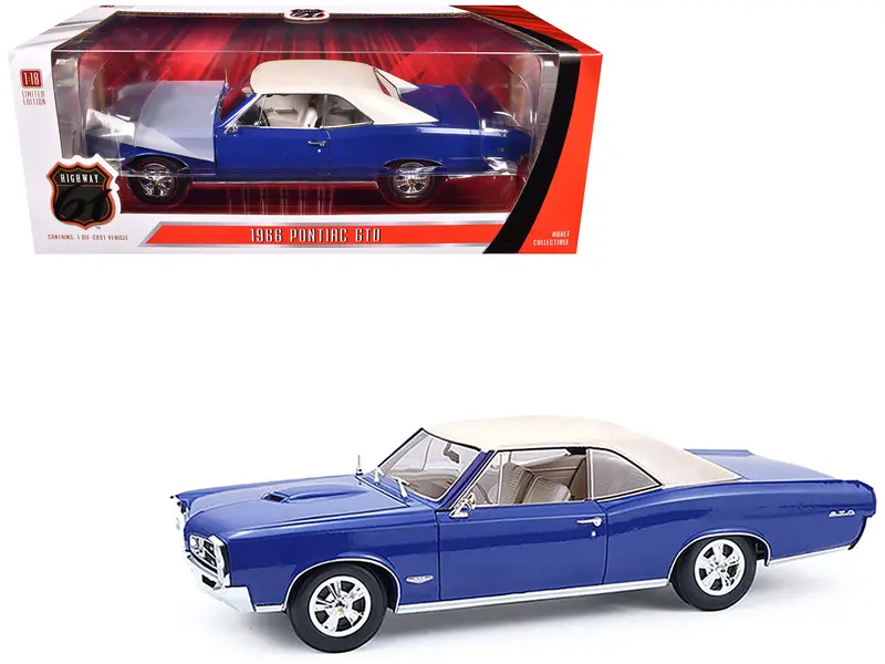 1966 Pontiac Gto Barrier Blue With White Top And Interior 1/18 Diecast Model Car By Highway 61 1
