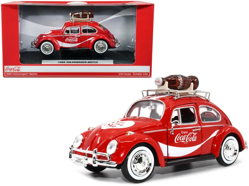 1966 Volkswagen Beetle Red "Enjoy Coca-Cola" With Roof Rack And Accessories 1/24 Diecast Model Car By Motor City Classics 1
