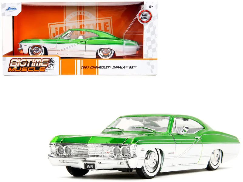 1967 Chevrolet Impala Ss Green Metallic And White With White Interior "Bigtime Muscle" Series 1/24 Diecast Model Car By Jada 1
