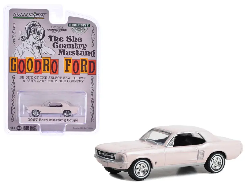 1967 Ford Mustang Coupe "She Country Special - Bill Goodro Ford Denver Colorado" Bermuda Sand "Hobby Exclusive" Series 1/64 Diecast Model Car By Greenlight 1