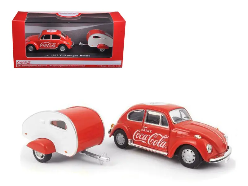 1967 Volkswagen Beetle Red With Teardrop Travel Trailer Red And White "Coca-Cola" 1/43 Diecast Model Car By Motorcity Classics 1
