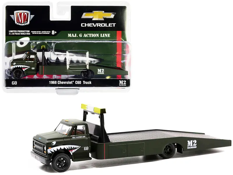 1968 Chevrolet C60 Flatbed Truck #68 Matt Dark Green With Graphics "Maj. G Action Line" Limited Edition To 21120 Pieces Worldwide 1/64 Diecast Model By M2 Machines 1