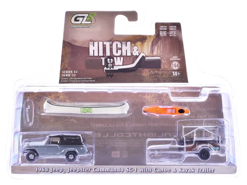 1968 Jeep Jeepster Commando Sc-1 Gray With Black Stripes And Top With Canoe Trailer Canoe Rack Canoe And Kayak "Hitch & Tow" Series 32 1/64 Diecast Model Cars By Greenlight 1