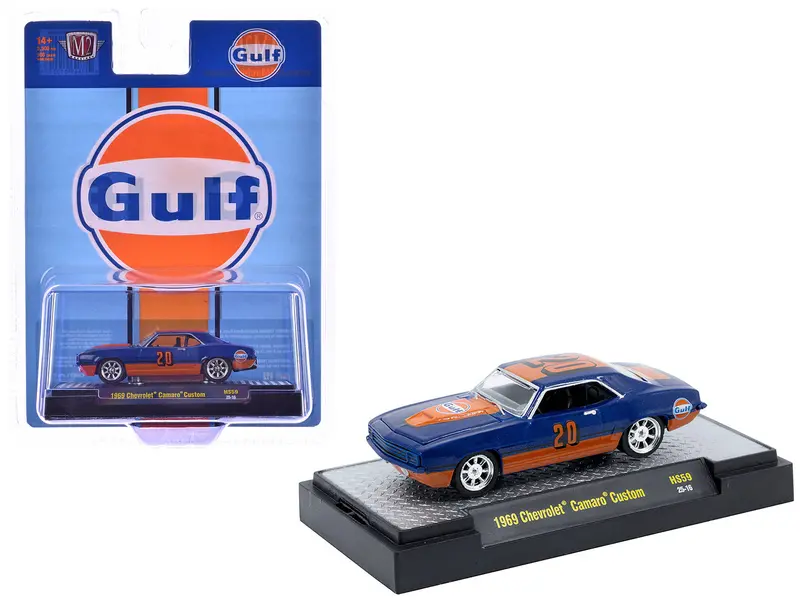 1969 Chevrolet Camaro Custom #20 "Gulf Oil" Dark Blue And Orange Limited Edition To 5500 Pieces Worldwide 1/64 Diecast Model Car By M2 Machines 1