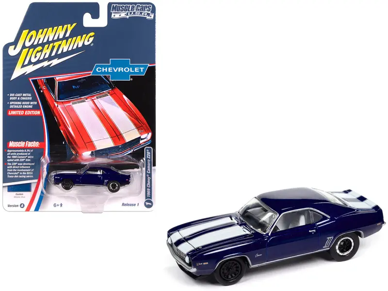 1969 Chevrolet Camaro Z28 Blue Metallic With White Stripes And Interior "Muscle Cars Usa" Series 1/64 Diecast Model Car By Johnny Lightning 1