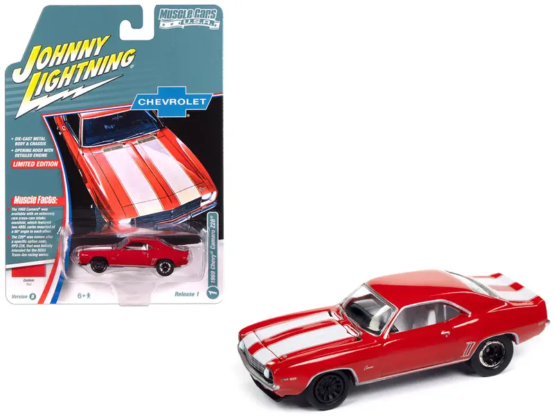 1969 Chevrolet Camaro Z28 Red With White Stripes And Interior "Muscle Cars Usa" Series 1/64 Diecast Model Car By Johnny Lightning 1