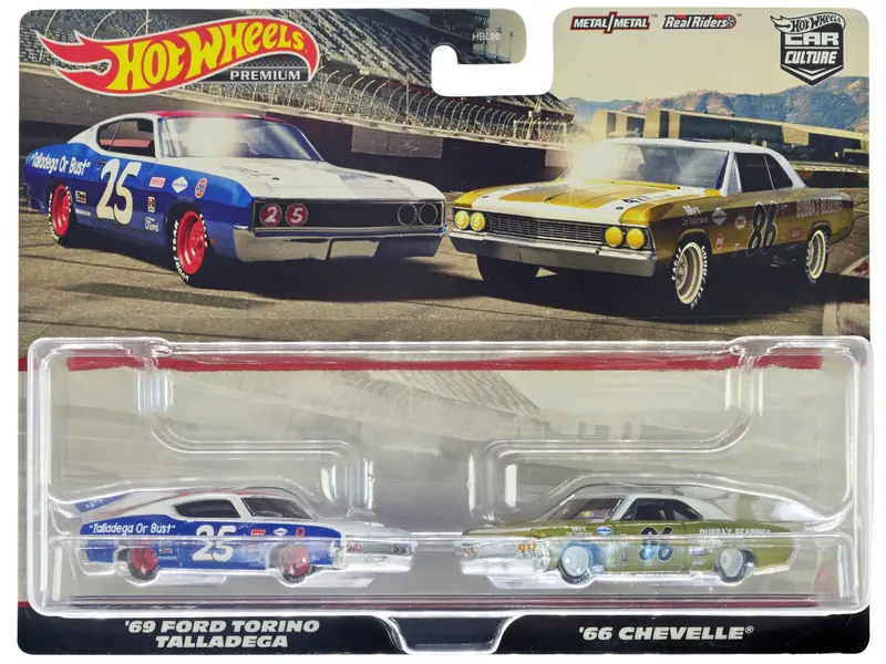 1969 Ford Torino Talladega #25 White And Blue With Red Top And 1966 Chevrolet Chevelle #86 Gold With White Top "Car Culture" Set Of 2 Cars Diecast Model Cars By Hot Wheels 1